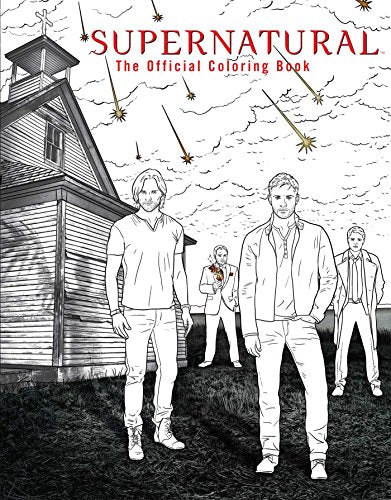 Black and white line art of characters and a house, "Supernatural" coloring book.
