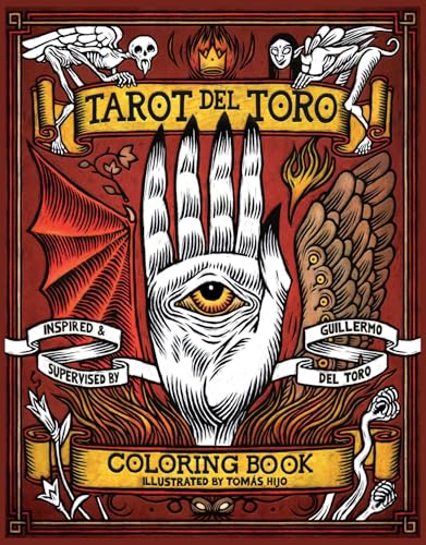 Tarot del Toro" coloring book cover with skeletal figures and a hand-eye motif.