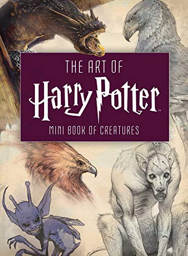 "Book cover featuring illustrations of Harry Potter creatures, with title on a purple banner."
