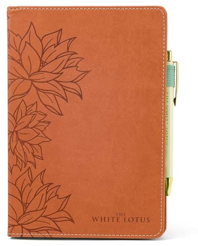 Brown journal with embossed lotus flowers and a gold pen.