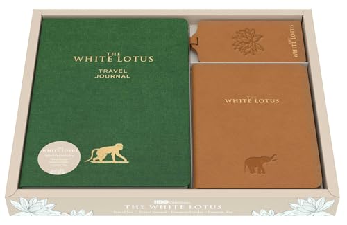 A green travel journal, brown passport holder, and luggage tag in a gift box.