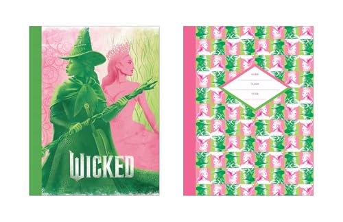 Two composition notebooks featuring pink and green Wicked-themed illustrations and a patterned cover.