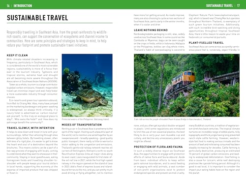 Open travel guide page with photos of divers, a train, and lush greenery.