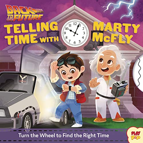 Cartoon Marty McFly and Doc Brown stand before the Hill Valley clock tower.