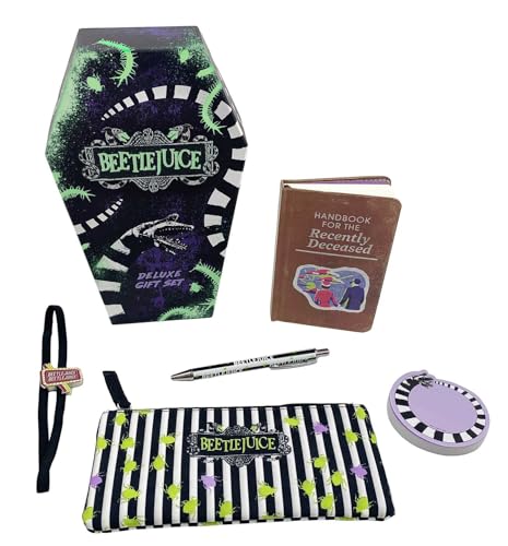 Beetlejuice gift set: coffin box, handbook, stickers, pen, pouch, and coaster.