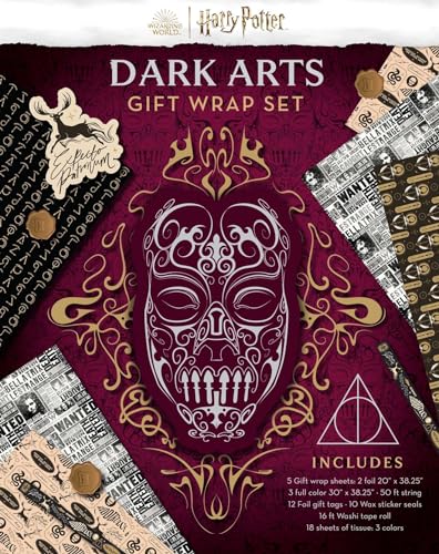Harry Potter Dark Arts gift wrap set with skull and magical designs.