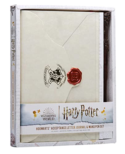 Hogwarts acceptance letter journal set with a wand pen, in packaging.