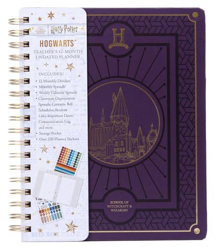 A purple spiral-bound Harry Potter teacher planner featuring a gold Hogwarts castle illustration.