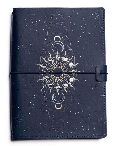Dark blue notebook featuring a gold sun and moon celestial design with starry background.