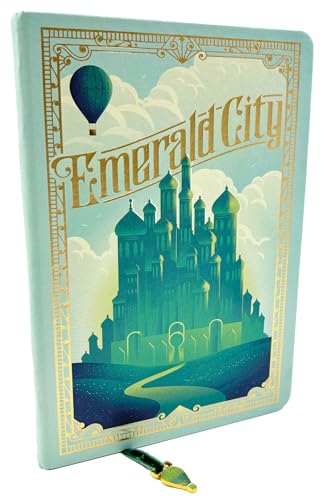 Green journal with gold foil Emerald City illustration and ribbon charm.
