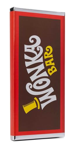 Chocolate bar shaped journal with “Wonka Bar” logo in white script.