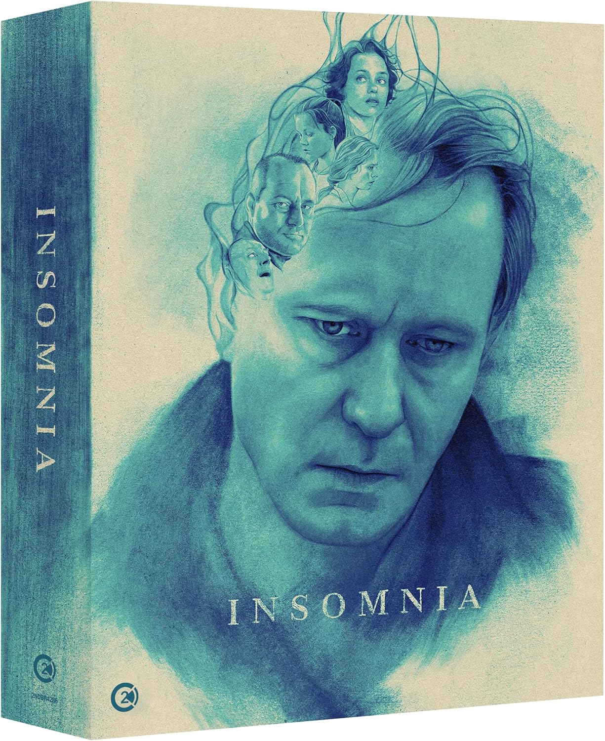 Blue-toned illustration of a man's face with smaller faces emerging from his hair.