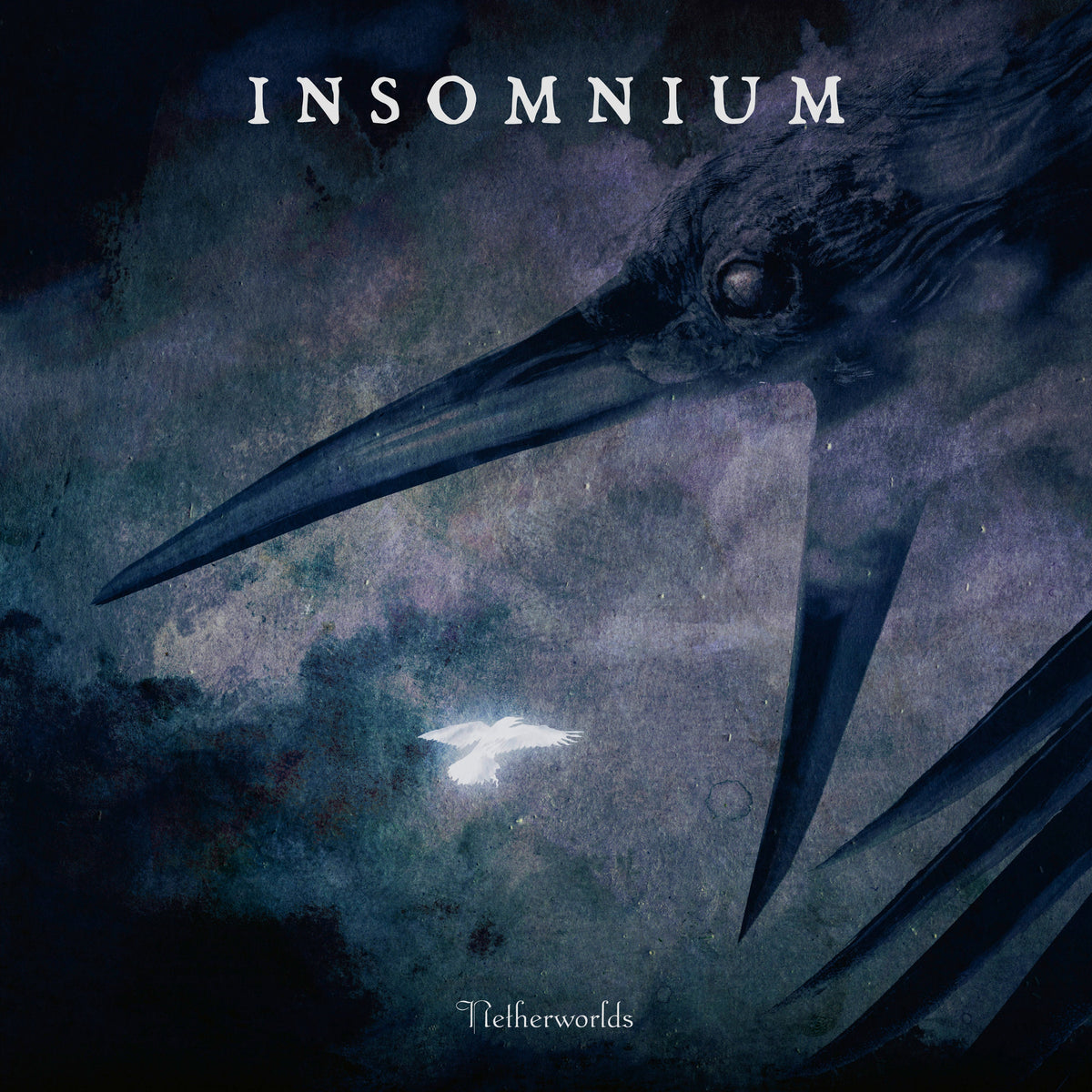 Insomnium’s “Netherworlds” CD cover: a dark bird looms over a small white bird.