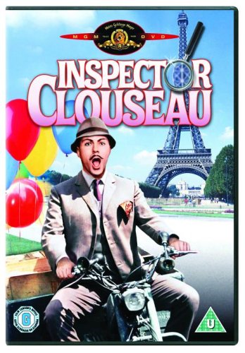 DVD cover for "Inspector Clouseau" featuring Peter Sellers on a scooter.