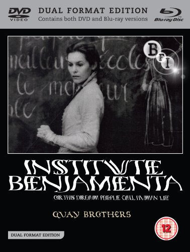 “Institute Benjamenta” Blu-ray cover featuring a woman in a classroom setting.