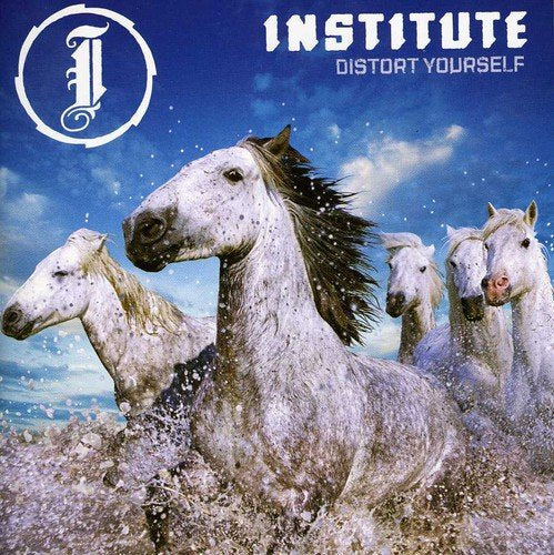 The alt text for this image is: "Album cover featuring four white horses running through water."