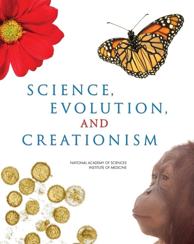 Book cover: “Science, Evolution, and Creationism” with floral and animal imagery.