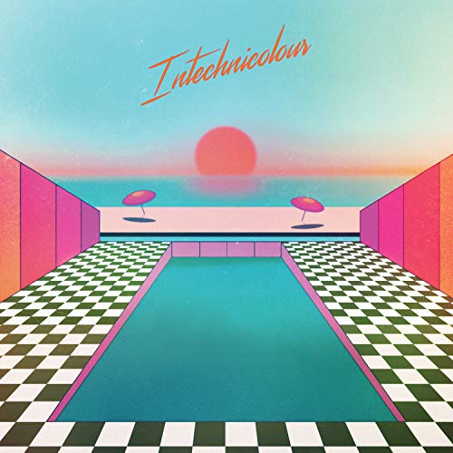 Record cover: pink and blue geometric poolside scene with a red sun.
