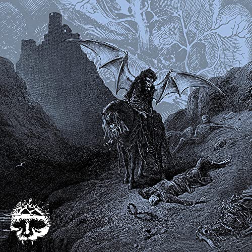 Dark, gothic artwork of a winged figure on horseback in a desolate landscape.