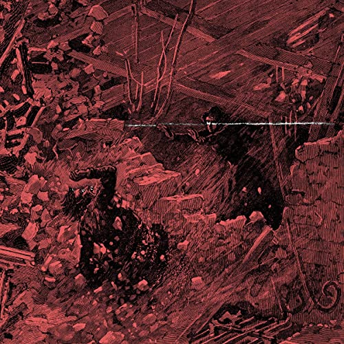 Red monochrome illustration of figures amid chaotic, crumbling structures.