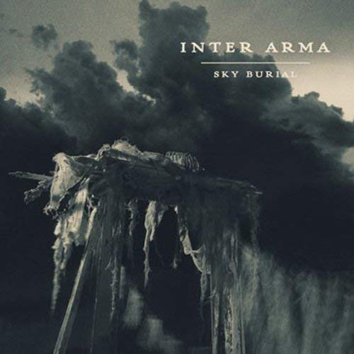 "Album cover art: 'Inter Arma - Skyburial' featuring a dark, tattered structure against cloudy sky."