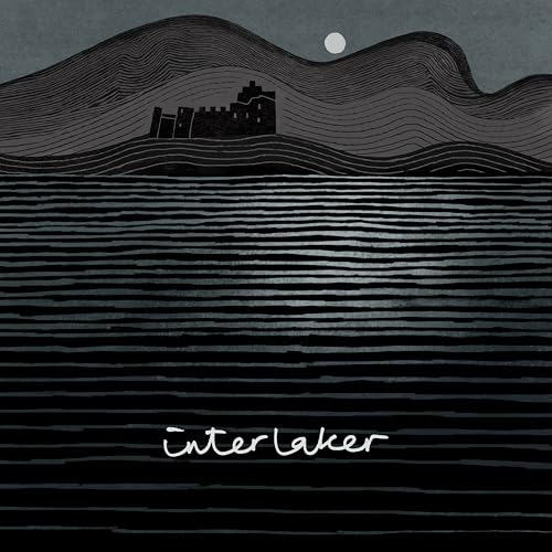 Black and white illustration of a castle on layered hills under a moon.