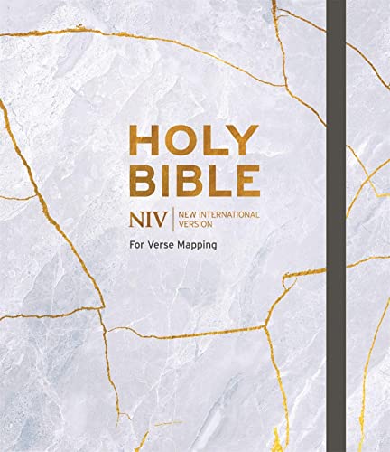 NIV Bible with gold-veined, cracked marble-effect cover and black ribbon marker.