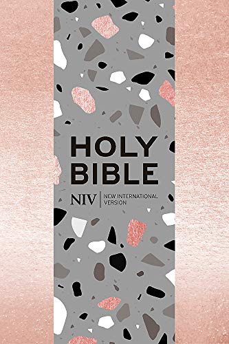 Pocket-sized Bible with terrazzo pattern and rose gold metallic background.