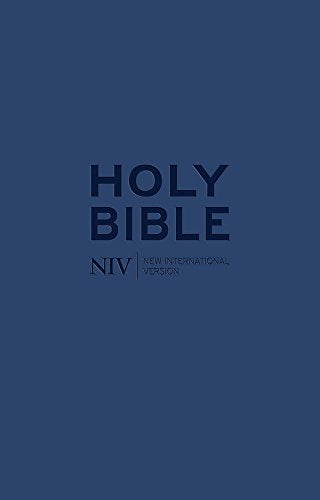 Navy blue Bible cover with "HOLY BIBLE" and "NIV" text.