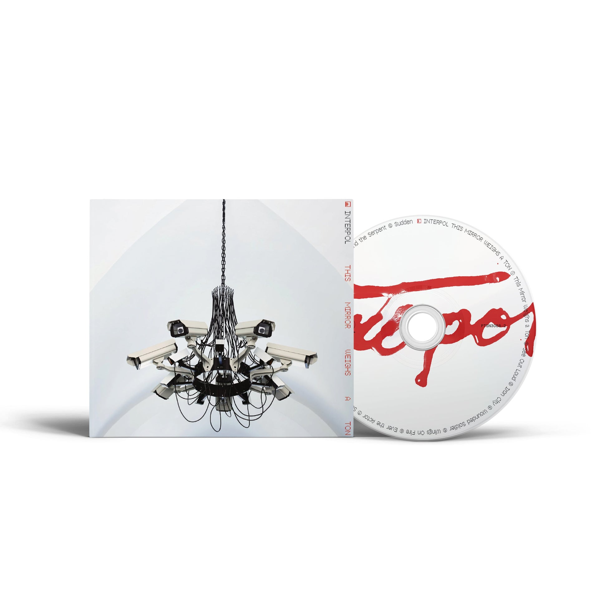 Interpol CD cover featuring a chandelier made of security cameras and a white disc.