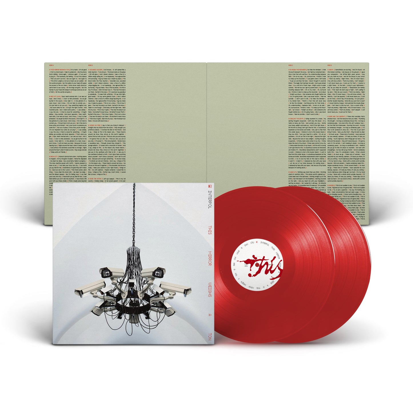 Interpol album cover with a security camera cluster and a red vinyl record.
