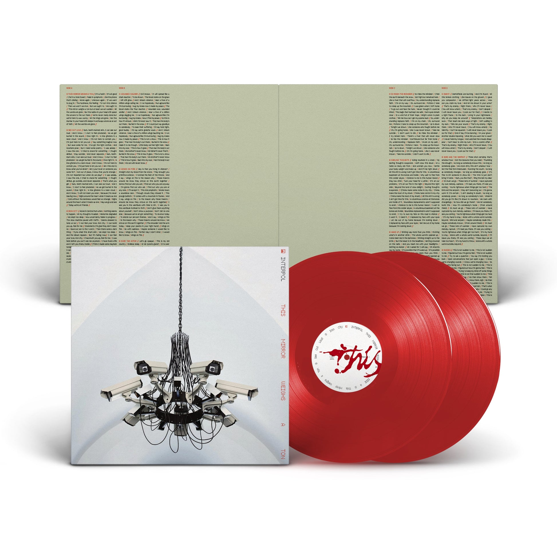 Interpol album cover with a security camera cluster and a red vinyl record.