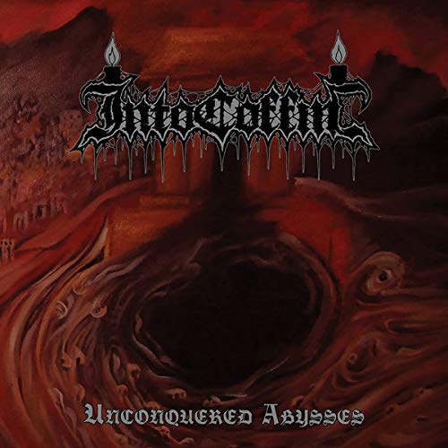 Album cover for "Into Coffin - Unconquered Abysses" with dark, swirling imagery.
