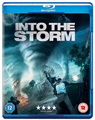Blu-ray cover for "Into the Storm" depicting a large tornado and people fleeing.