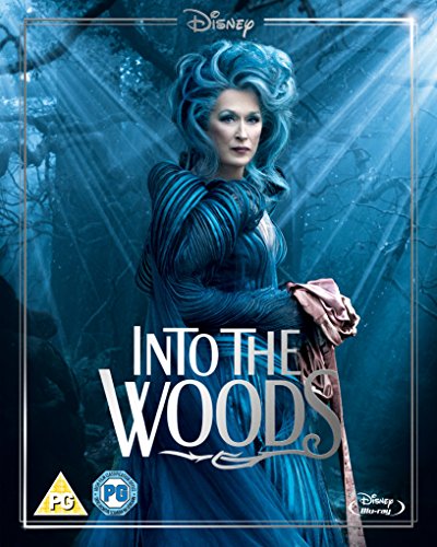 “Into the Woods” Blu-ray cover featuring cast portraits and a forest scene.