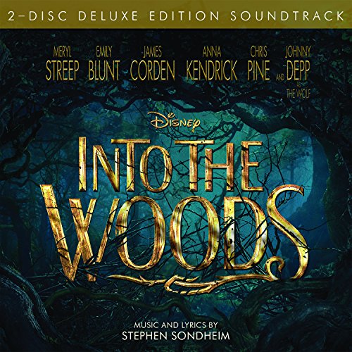 Into the Woods soundtrack CD cover with golden text against a dark forest background.