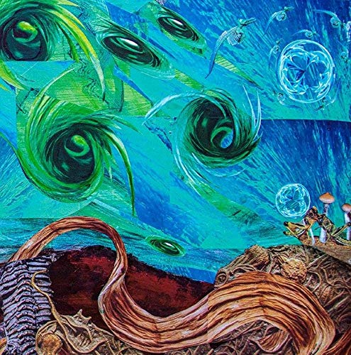 The image is a vibrant, abstract artwork featuring swirling shapes and colors. For accessibility purposes, a suitable alt text could be: "Vinyl album cover with abstract, swirling blue and green artwork."