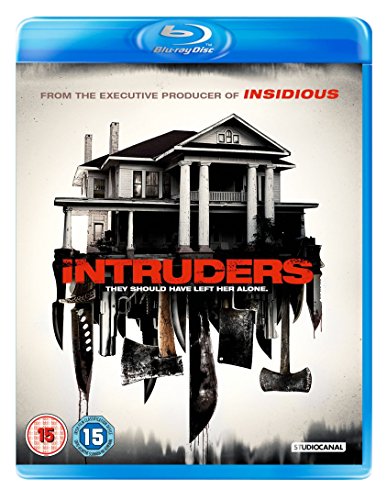 Blu-ray cover for Intruders showing a house suspended above hanging knives and axes.