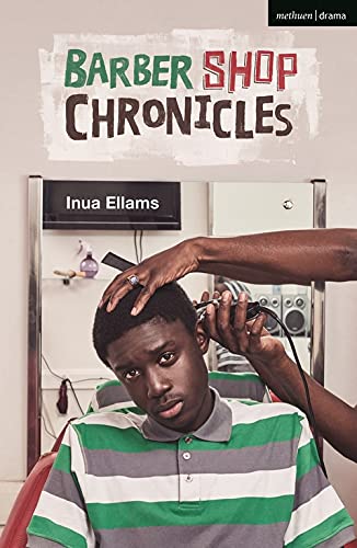 Play script cover: "Barber Shop Chronicles" with a haircut scene.