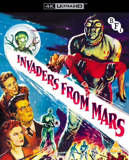 Vintage movie poster art for Invaders from Mars featuring aliens and human characters.