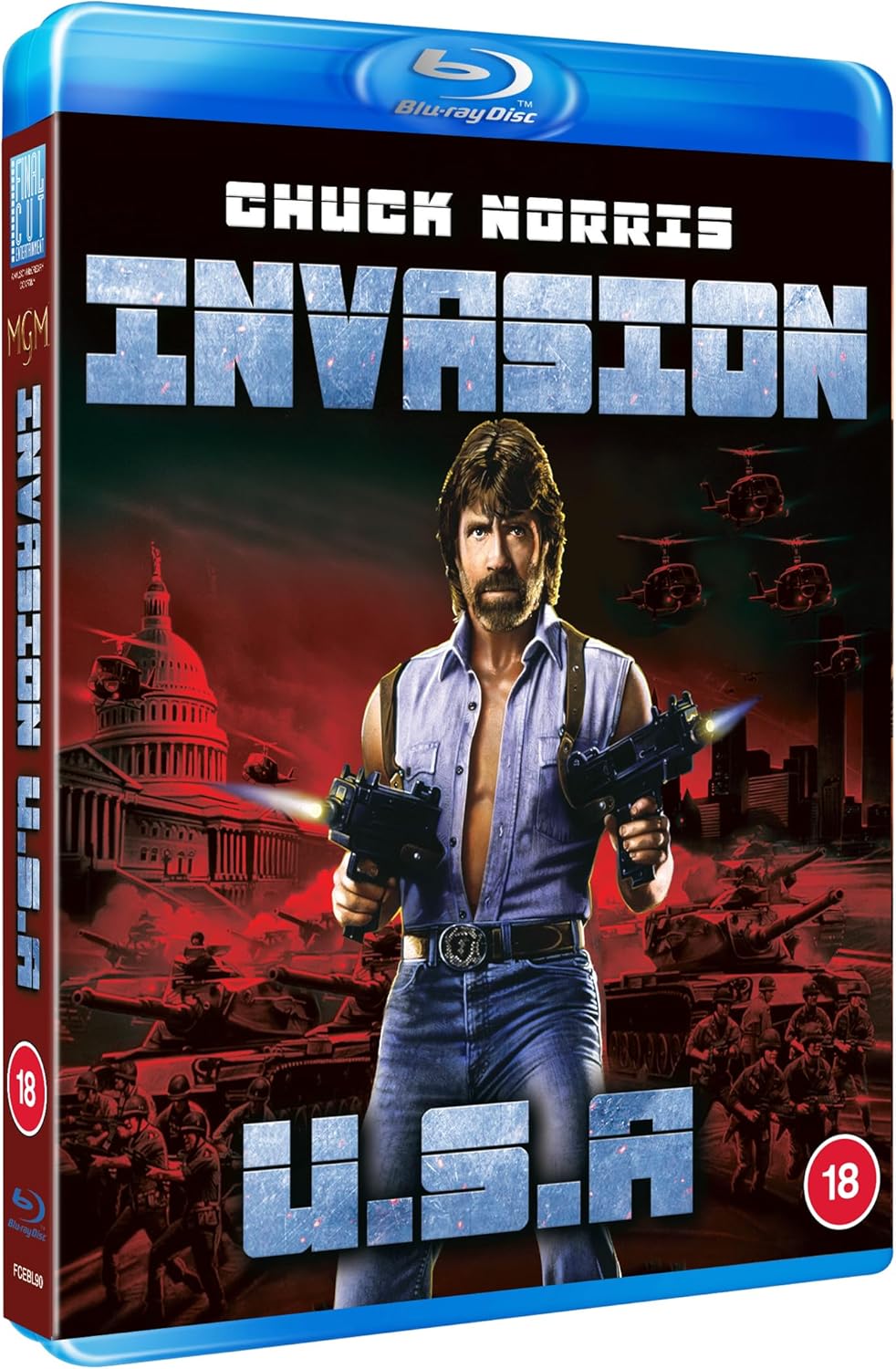 Invasion U.S.A." Blu-ray cover featuring Chuck Norris with guns and military vehicles.