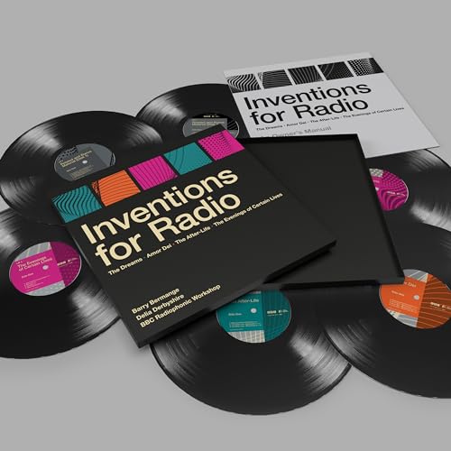 Vinyl records and a booklet titled "Inventions for Radio" are displayed.