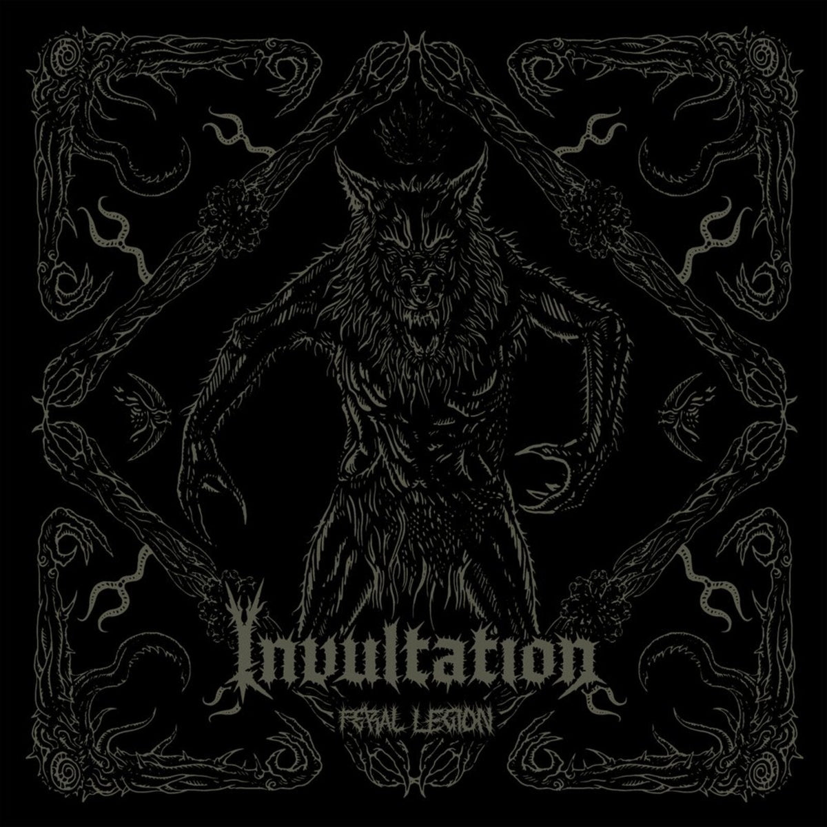Black and white illustration of a monstrous, clawed figure with “Invultation” text.