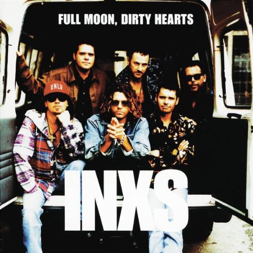 INXS band members in a van, album cover for "Full Moon, Dirty Hearts".