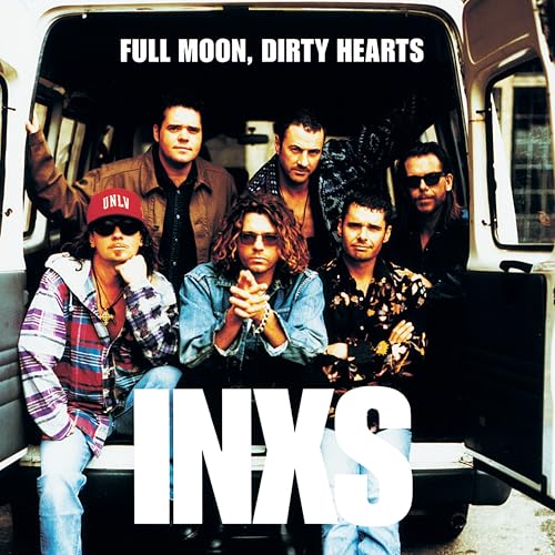 INXS band members posing inside a van, album cover for Full Moon, Dirty Hearts.
