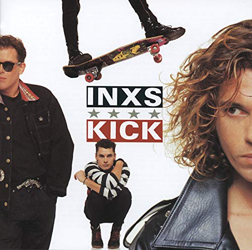 Album cover for INXS Kick featuring band members, a skateboard, and the album title.