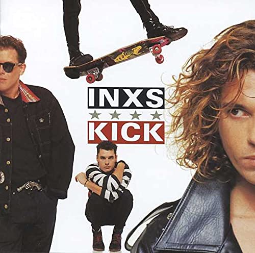 INXS "Kick" album cover with band members and a skateboard.