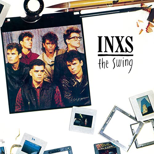 INXS album cover, "The Swing", with band members and film strips.