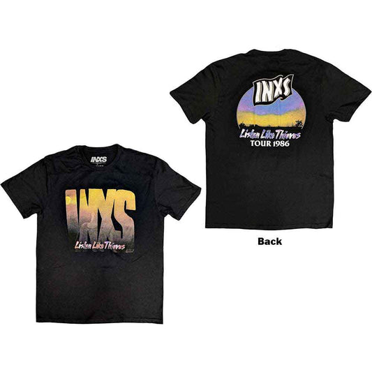 Black unisex T-shirt featuring INXS Listen Like Thieves tour graphics on the back.