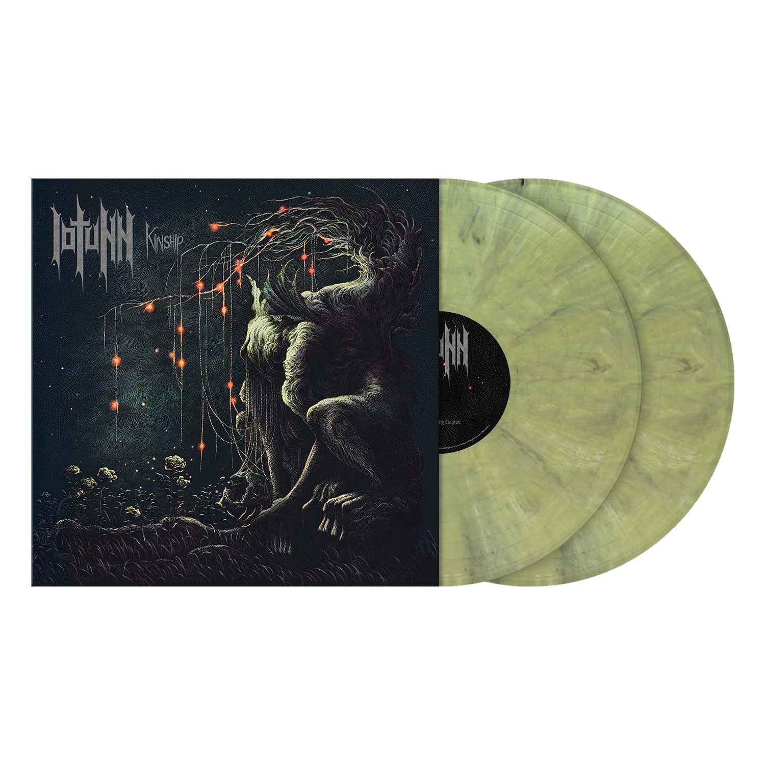 Iotunn - Kinship vinyl record with illustrated cover and two pale records.